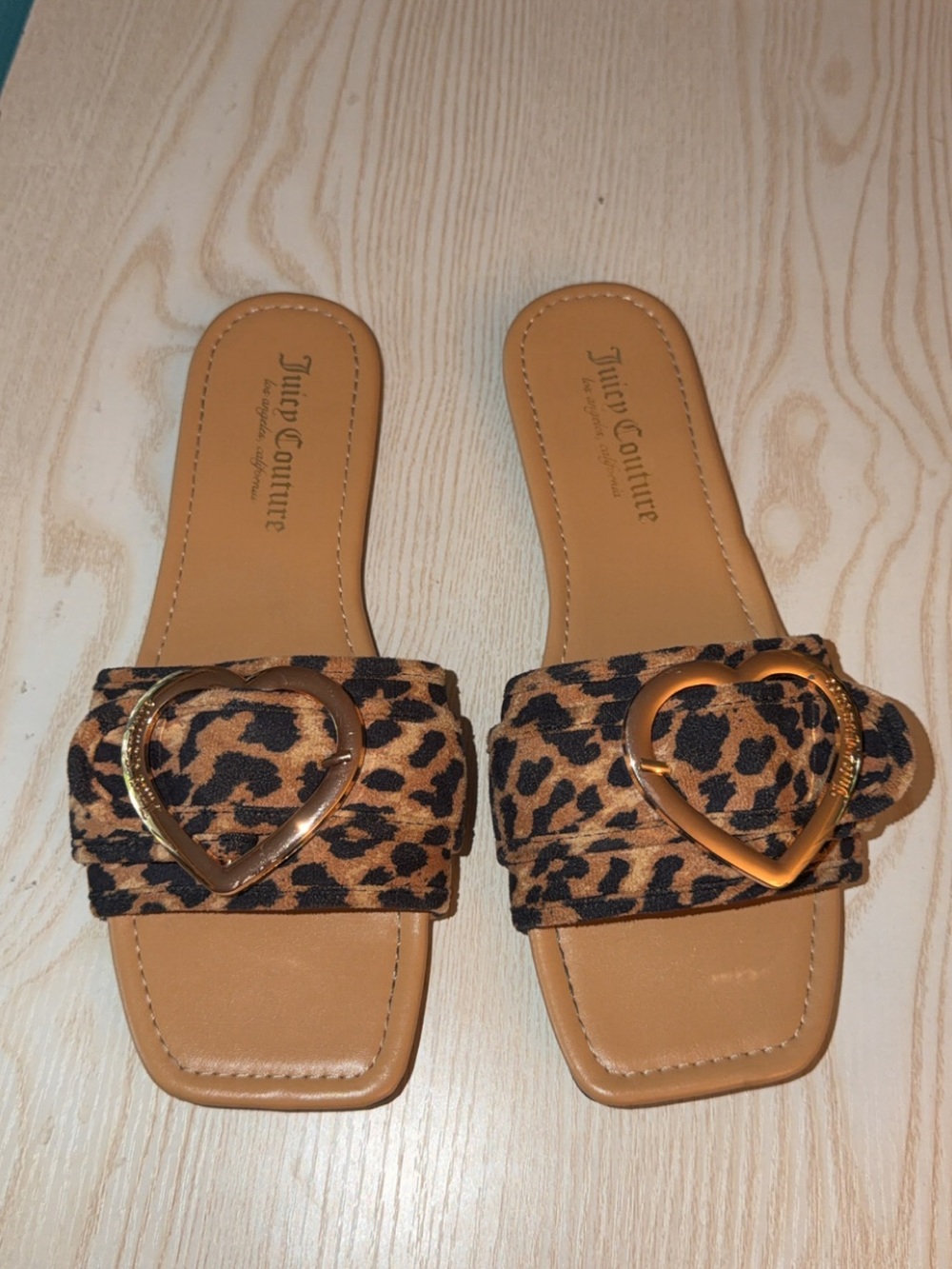 Juicy Couture Leopard Print Slide Sandals with Gold Heart Accent - Tan/Black